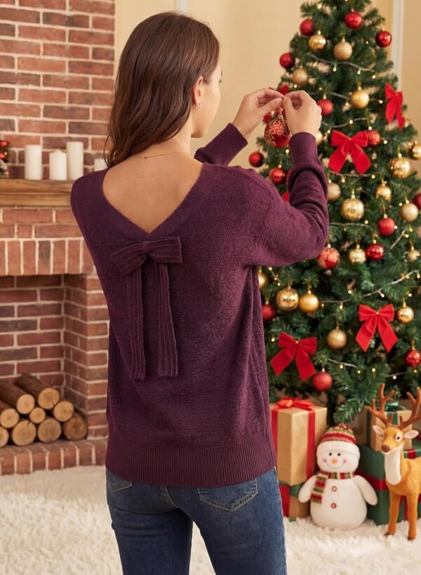 Sweaters for Women Long Sleeve Fall Outfits 2025 Back Bow Knot Sweaters Round Neck Solid Knit Pullover Tops