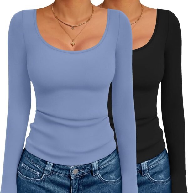 Long Sleeve Shirts for Womens Scoop Neck Tops Slim Fit Undershirts Basic Thermal Tee Shirt