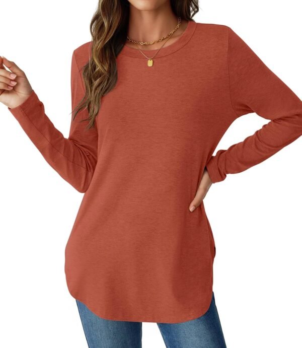 Womens Long Sleeve Shirts Loose Tunic Tops Round Neck Lightweight Side Split Casual 2025 Trendy Basic Tshirts Blouse