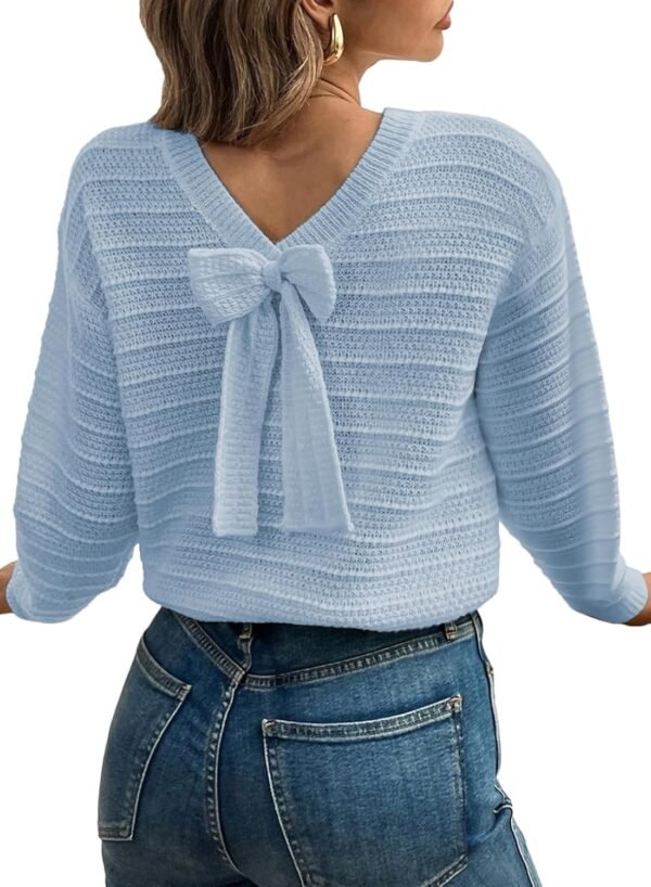 Sweaters for Women Long Sleeve Fall Outfits 2025 Back Bow Knot Sweaters Round Neck Solid Knit Pullover Tops