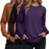 Women's Long Sleeve Shirts, Cotton Crew Neck Tunic Tops Casual Loose Fit Pullover Sweatshirts Curved Hem Shirts