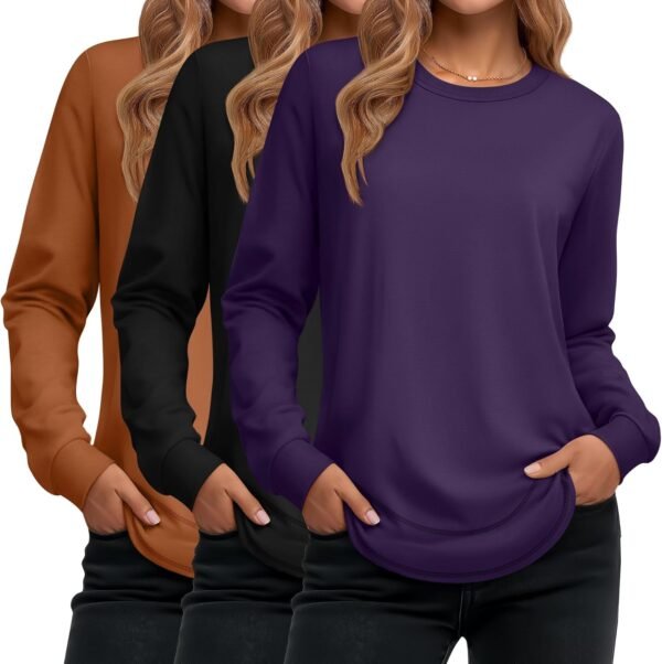 Women's Long Sleeve Shirts, Cotton Crew Neck Tunic Tops Casual Loose Fit Pullover Sweatshirts Curved Hem Shirts