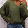Women's V Neck Long Sleeve Knit Loose Oversized Pullover Sweater Top