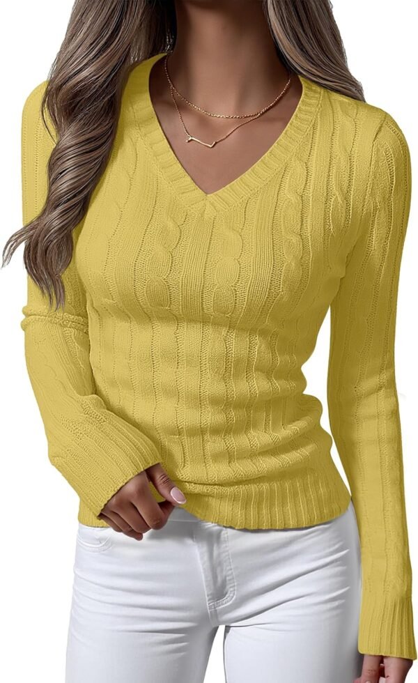 Womens Long Sleeve Cable Knit Sweater 2025 Fall Fashion V Neck Fitted Pullover Top Business Casual Work Fall Outfits