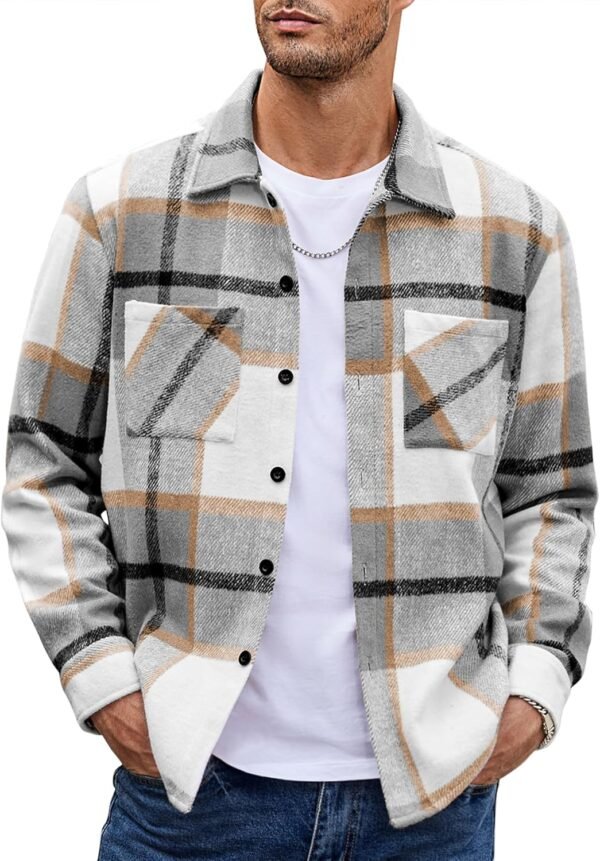 Men's Flannel Shirts Casual Button Down Plaid Shirt Jacket Long Sleeve Fleece Shacket with Pockets