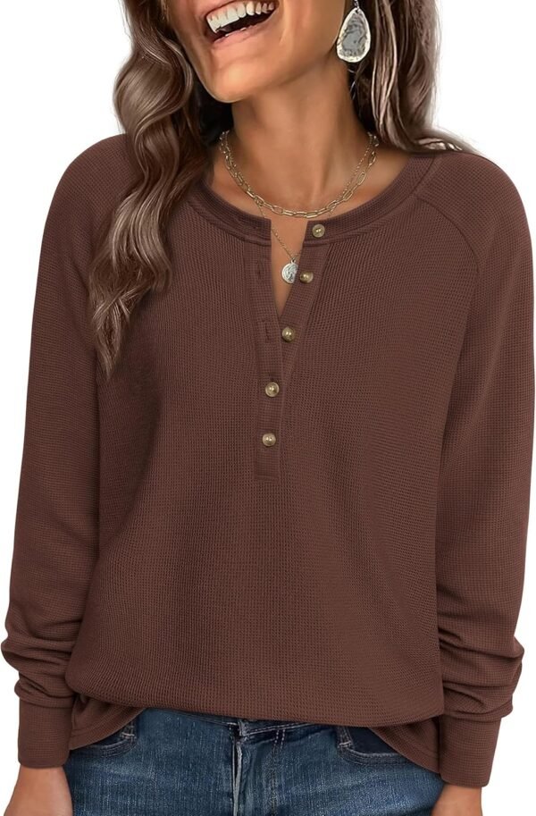 Women Long Sleeve Waffle Knit Shirts 2025 Fall Casual Button V Neck Loose Henley Tops Basic Tees Winter Clothes