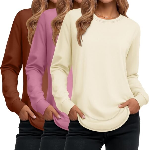 Women's Long Sleeve Shirts, Cotton Crew Neck Tunic Tops Casual Loose Fit Pullover Sweatshirts Curved Hem Shirts