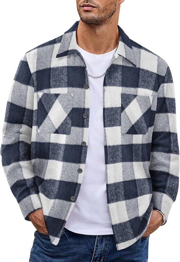 Men's Flannel Shirts Casual Button Down Plaid Shirt Jacket Long Sleeve Fleece Shacket with Pockets