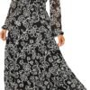 Women's Floral Boho Long Sleeve Maxi Dress V Neck Empire Waist Swing Flowy Wedding Guest Dress