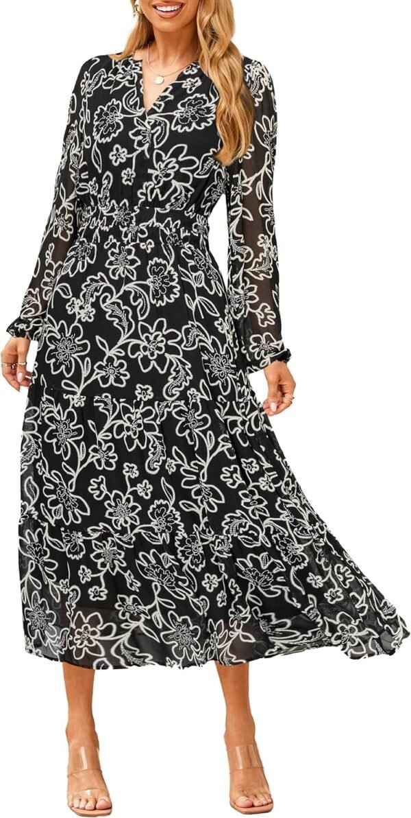 Women's Floral Boho Long Sleeve Maxi Dress V Neck Empire Waist Swing Flowy Wedding Guest Dress