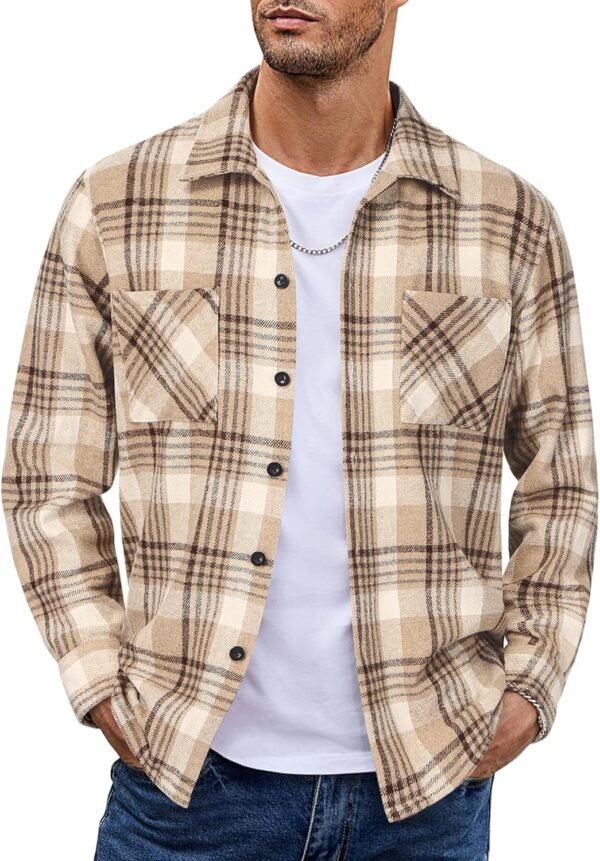 Men's Flannel Shirts Casual Button Down Plaid Shirt Jacket Long Sleeve Fleece Shacket with Pockets