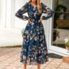 Women's Floral Boho Long Sleeve Maxi Dress V Neck Empire Waist Swing Flowy Wedding Guest Dress