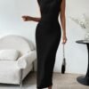 Women's Ruched Bodycon Dress Summer Casual Sleeveless Back Slit Elegant Club Evening Party Cocktail Maxi Dresses