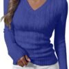 Womens Long Sleeve Cable Knit Sweater 2025 Fall Fashion V Neck Fitted Pullover Top Business Casual Work Fall Outfits