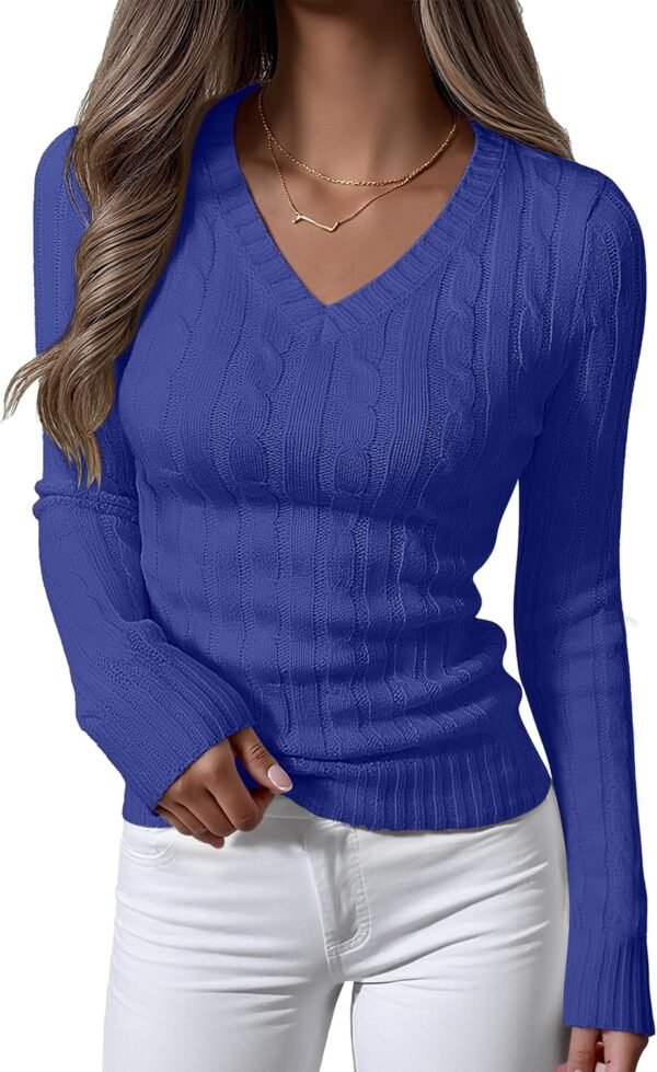 Womens Long Sleeve Cable Knit Sweater 2025 Fall Fashion V Neck Fitted Pullover Top Business Casual Work Fall Outfits