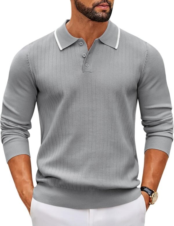 Men's Knit Polo Sweater Casual Long Sleeve Polo Sweater Lightweight Button Down Golf Pullover Sweaters