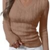 Womens Long Sleeve Cable Knit Sweater 2025 Fall Fashion V Neck Fitted Pullover Top Business Casual Work Fall Outfits