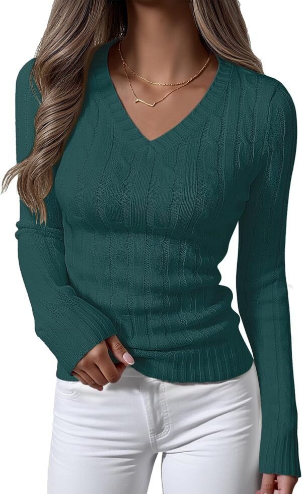 Womens Long Sleeve Cable Knit Sweater 2025 Fall Fashion V Neck Fitted Pullover Top Business Casual Work Fall Outfits