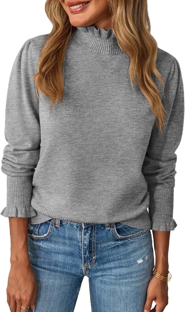 818rlezYrML._AC_SL1500 Womens Ruffle Mock Neck Sweater Puff Long Sleeve Fall Soft Knit Casual Pullover Sweaters Top
