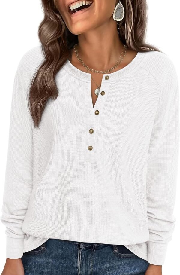 Women Long Sleeve Waffle Knit Shirts 2025 Fall Casual Button V Neck Loose Henley Tops Basic Tees Winter Clothes