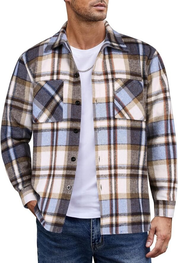 Men's Flannel Shirts Casual Button Down Plaid Shirt Jacket Long Sleeve Fleece Shacket with Pockets