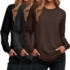 Women's Long Sleeve Shirts, Cotton Crew Neck Tunic Tops Casual Loose Fit Pullover Sweatshirts Curved Hem Shirts