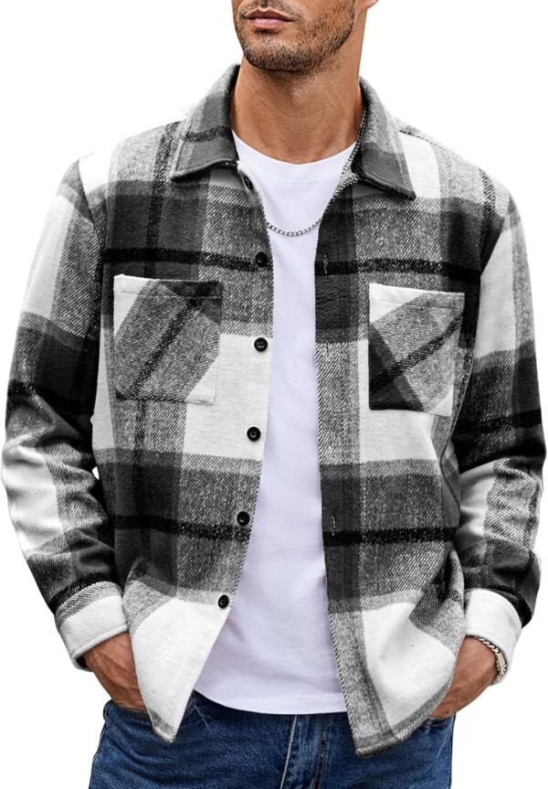 Men's Flannel Shirts Casual Button Down Plaid Shirt Jacket Long Sleeve Fleece Shacket with Pockets