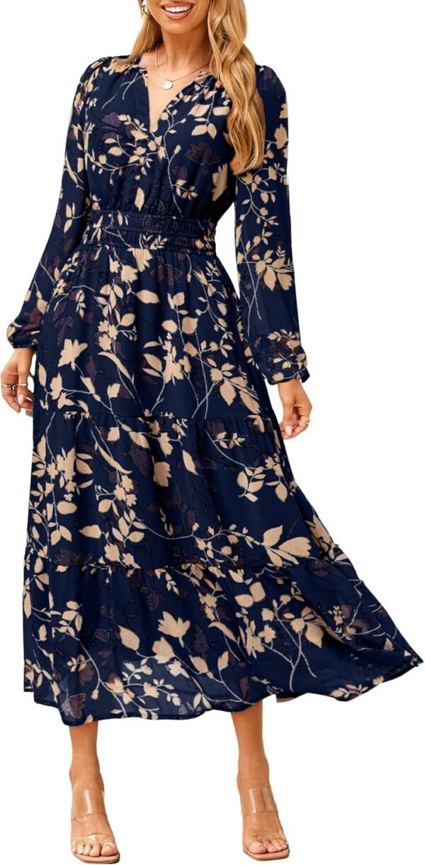 Women's Floral Boho Long Sleeve Maxi Dress V Neck Empire Waist Swing Flowy Wedding Guest Dress