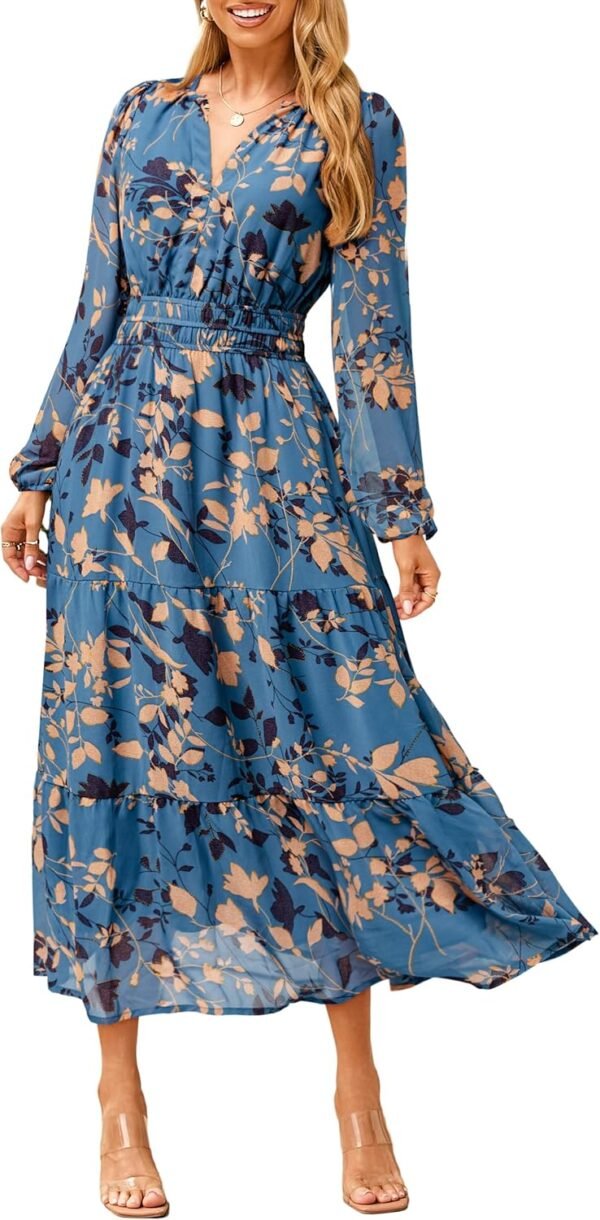 Women's Floral Boho Long Sleeve Maxi Dress V Neck Empire Waist Swing Flowy Wedding Guest Dress