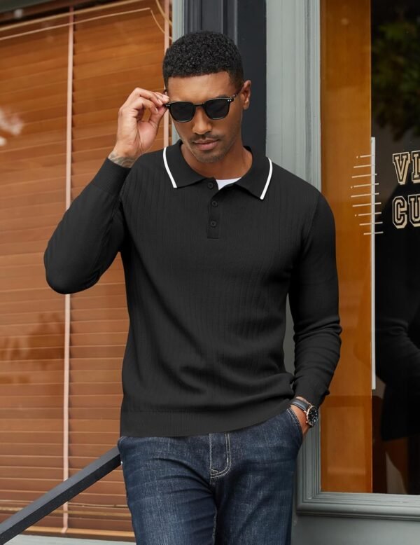 Men's Knit Polo Sweater Casual Long Sleeve Polo Sweater Lightweight Button Down Golf Pullover Sweaters