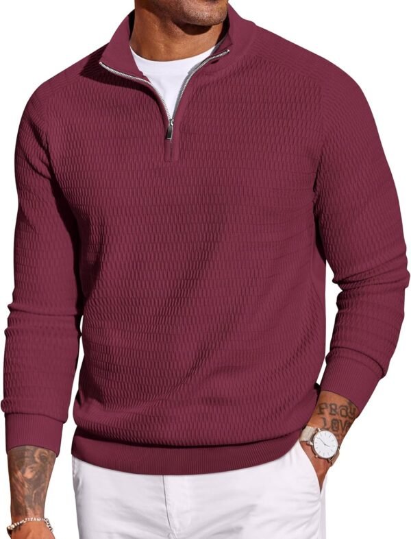 Men's Quarter Zip Sweater Slim Fit Lightweight Mock Neck Pullover Knit Texture Polo Sweaters