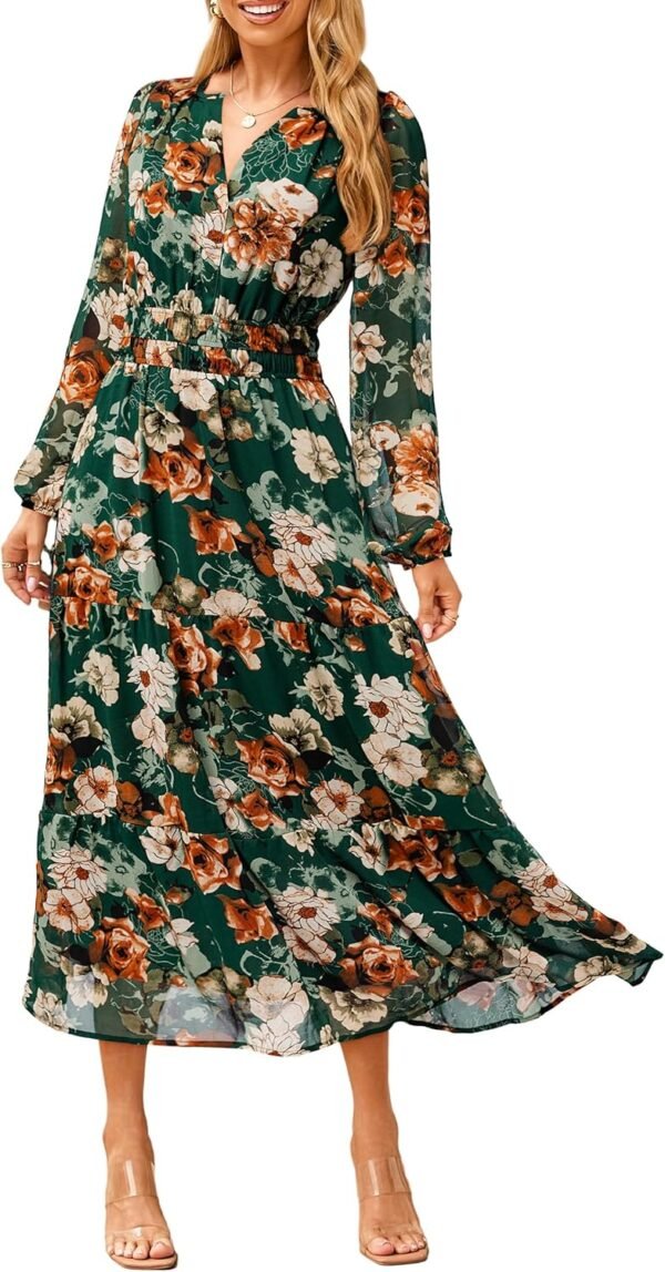 Women's Floral Boho Long Sleeve Maxi Dress V Neck Empire Waist Swing Flowy Wedding Guest Dress