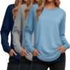 Women's Long Sleeve Shirts, Cotton Crew Neck Tunic Tops Casual Loose Fit Pullover Sweatshirts Curved Hem Shirts