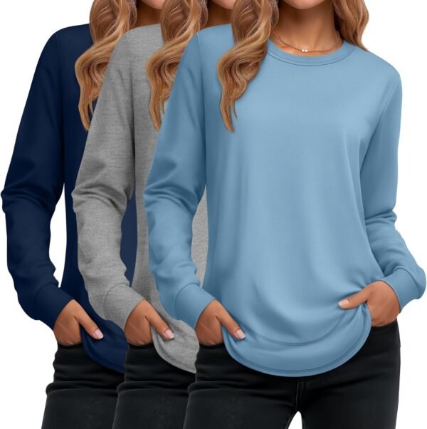 Women's Long Sleeve Shirts, Cotton Crew Neck Tunic Tops Casual Loose Fit Pullover Sweatshirts Curved Hem Shirts