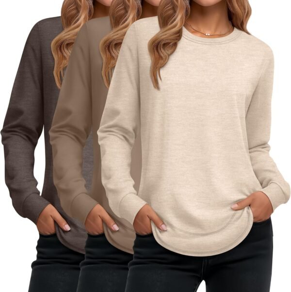 Women's Long Sleeve Shirts, Cotton Crew Neck Tunic Tops Casual Loose Fit Pullover Sweatshirts Curved Hem Shirts