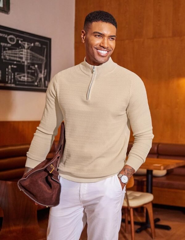 Men's Quarter Zip Sweater Slim Fit Lightweight Mock Neck Pullover Knit Texture Polo Sweaters