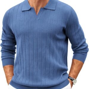Mens Sweaters Polos Long Sleeve V Neck Knit Polo Lightweight Casual Pullover Sweater
