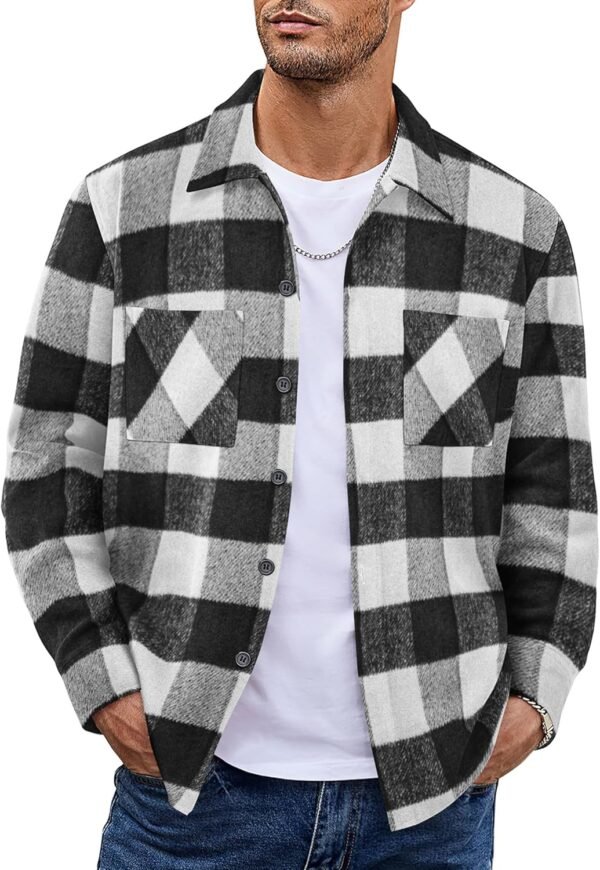 Men's Flannel Shirts Casual Button Down Plaid Shirt Jacket Long Sleeve Fleece Shacket with Pockets