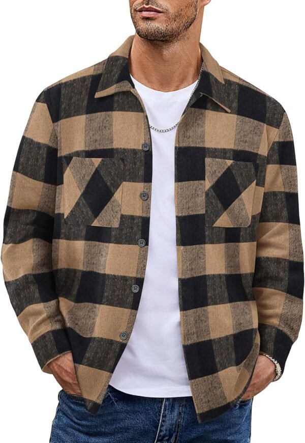 Men's Flannel Shirts Casual Button Down Plaid Shirt Jacket Long Sleeve Fleece Shacket with Pockets