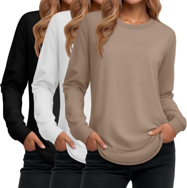 Women's Long Sleeve Shirts, Cotton Crew Neck Tunic Tops Casual Loose Fit Pullover Sweatshirts Curved Hem Shirts
