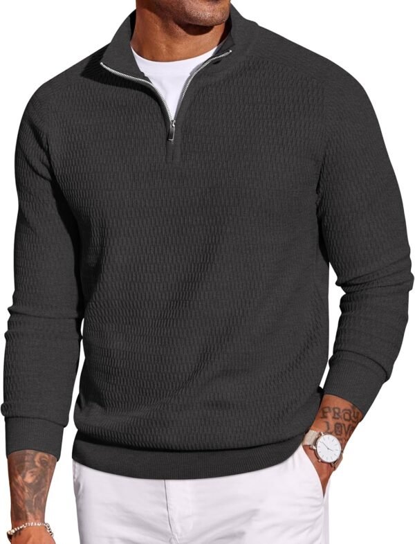 Men's Quarter Zip Sweater Slim Fit Lightweight Mock Neck Pullover Knit Texture Polo Sweaters