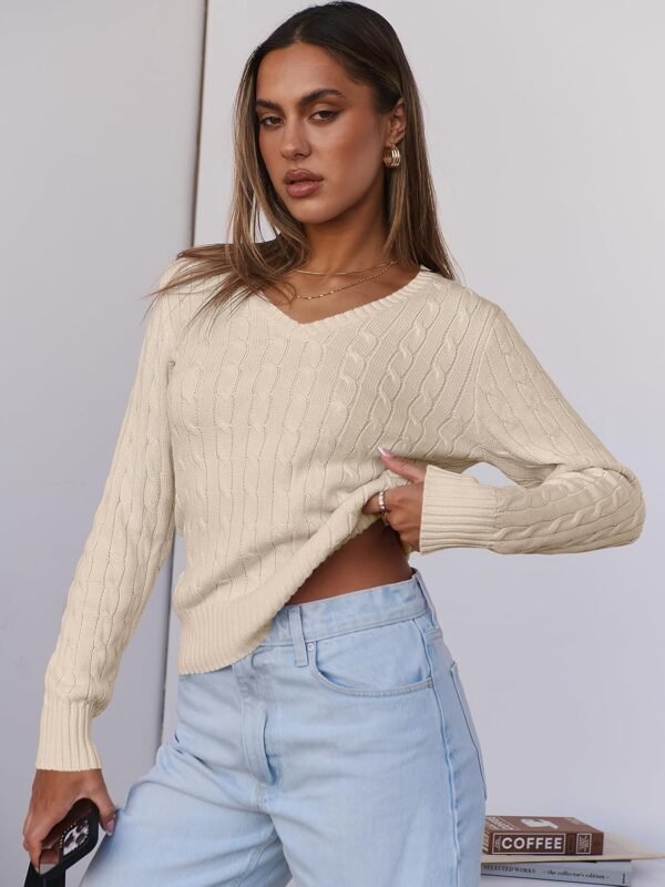 Womens Long Sleeve Cable Knit Sweater 2025 Fall Fashion V Neck Fitted Pullover Top Business Casual Work Fall Outfits