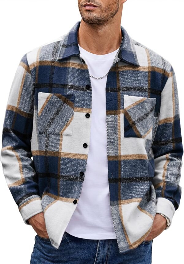Men's Flannel Shirts Casual Button Down Plaid Shirt Jacket Long Sleeve Fleece Shacket with Pockets