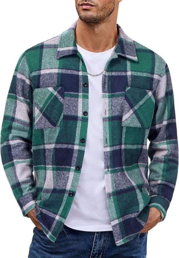 Men's Flannel Shirts Casual Button Down Plaid Shirt Jacket Long Sleeve Fleece Shacket with Pockets