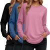 Women's Long Sleeve Shirts, Cotton Crew Neck Tunic Tops Casual Loose Fit Pullover Sweatshirts Curved Hem Shirts