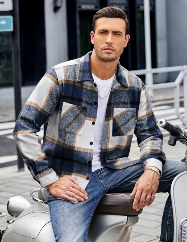 Men's Flannel Shirts Casual Button Down Plaid Shirt Jacket Long Sleeve Fleece Shacket with Pockets