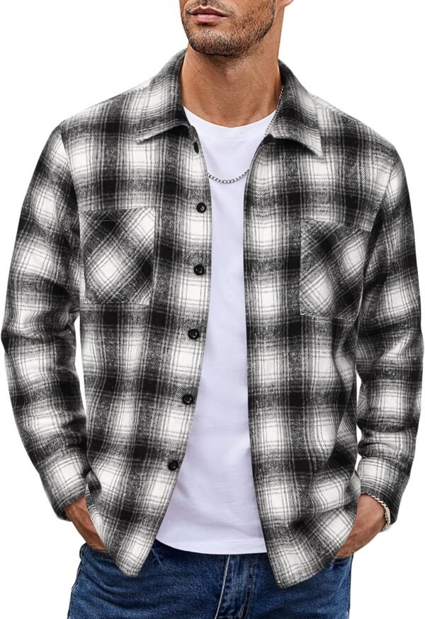Men's Flannel Shirts Casual Button Down Plaid Shirt Jacket Long Sleeve Fleece Shacket with Pockets