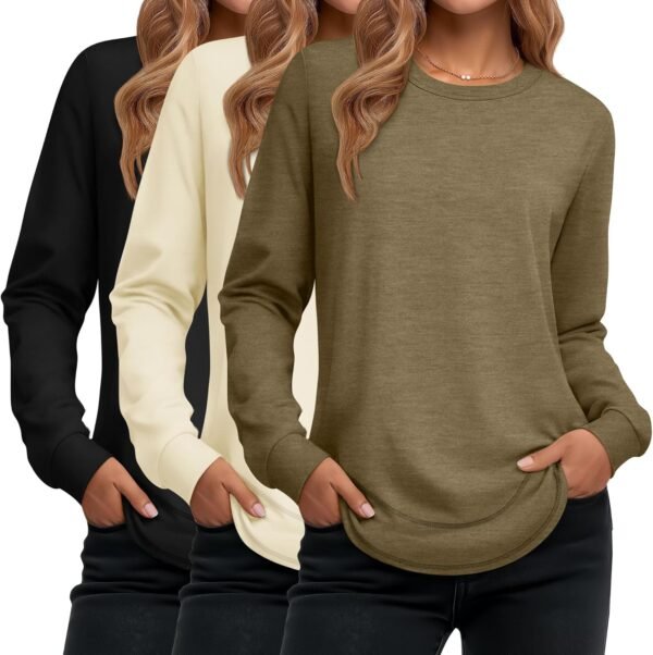 Women's Long Sleeve Shirts, Cotton Crew Neck Tunic Tops Casual Loose Fit Pullover Sweatshirts Curved Hem Shirts