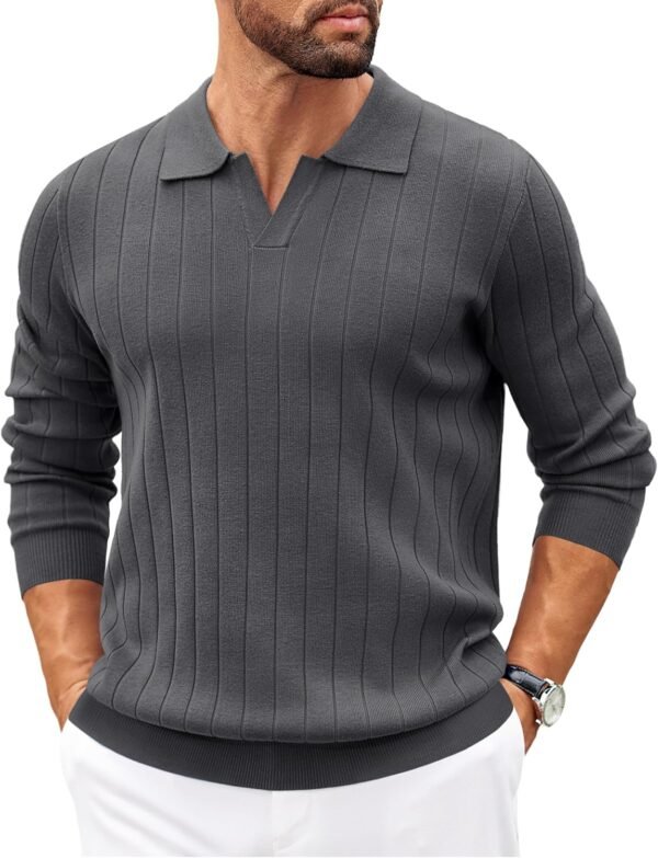 81Qe-yf6iaL._AC_SL1500 Mens Sweaters Polos Long Sleeve V Neck Knit Polo Lightweight Casual Pullover Sweater