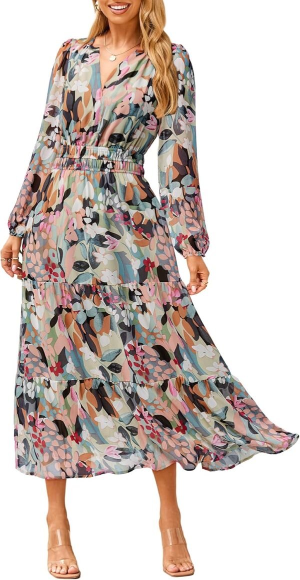 Women's Floral Boho Long Sleeve Maxi Dress V Neck Empire Waist Swing Flowy Wedding Guest Dress